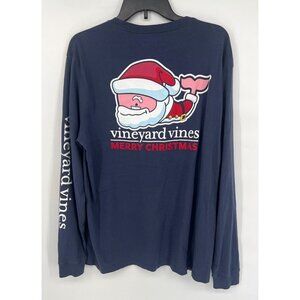 Vineyard Vines Long Sleeve T-Shirt Size Medium Blue Merry Christmas Santa Whale